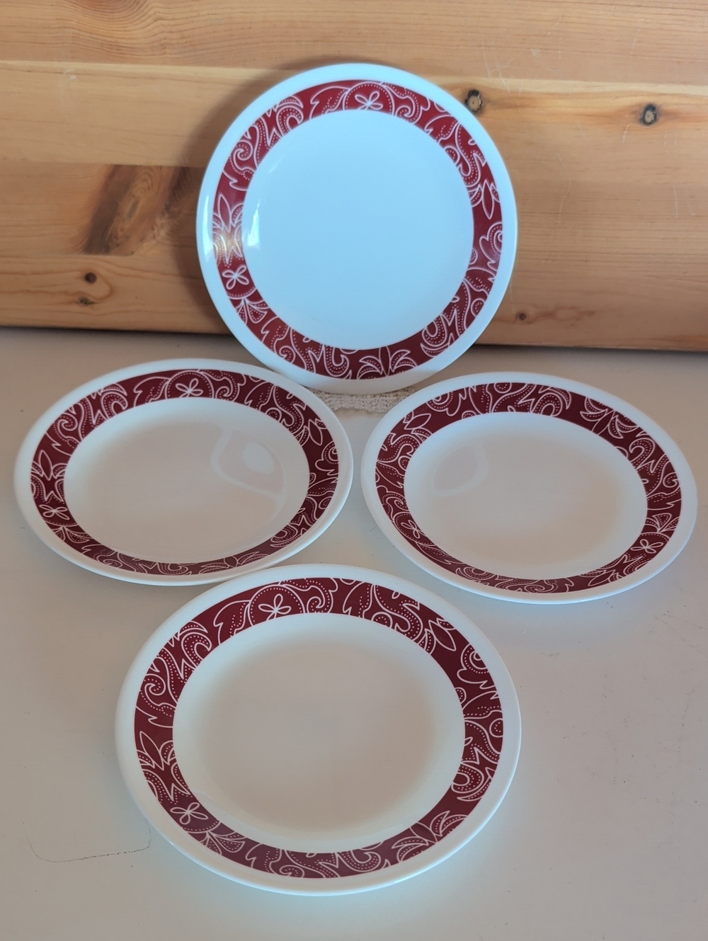 Set of 4 Corelle Bandhani, Bread/Butter Plates with Red Paisley Border.